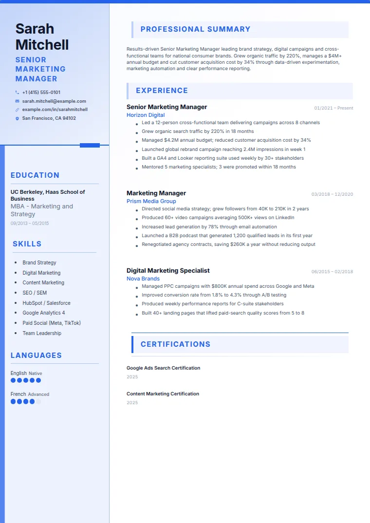 Accent Sidebar CV template with a sample CV