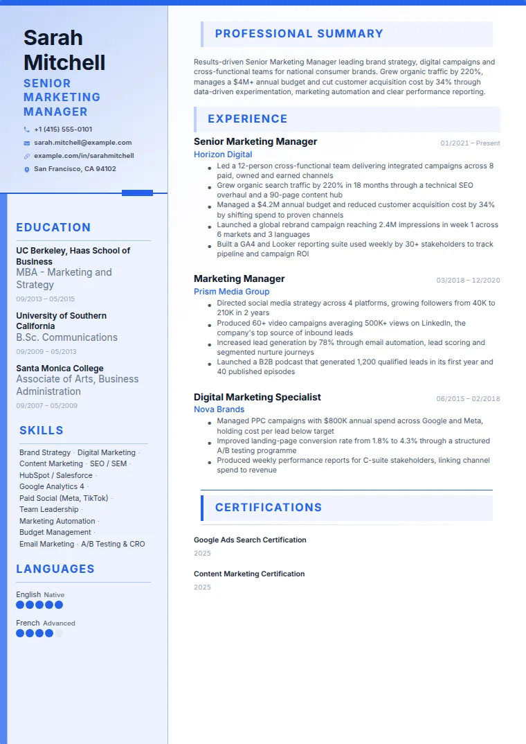 Accent Sidebar CV template with a sample CV