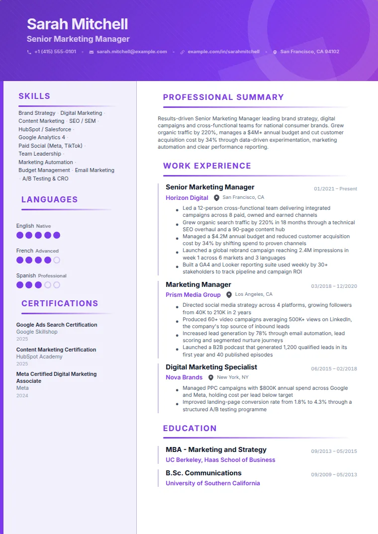 Creative Banner CV template with a sample CV