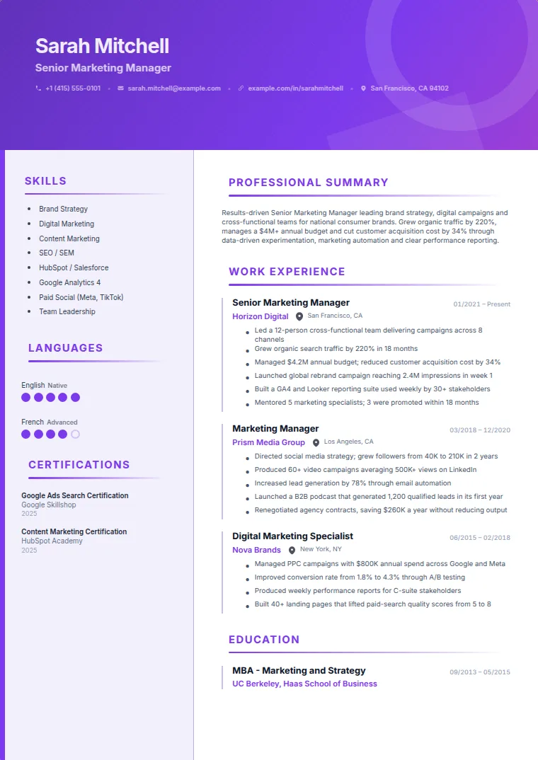 Creative Banner CV template with a sample CV