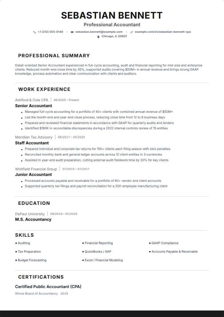 Baseline CV template with a sample CV