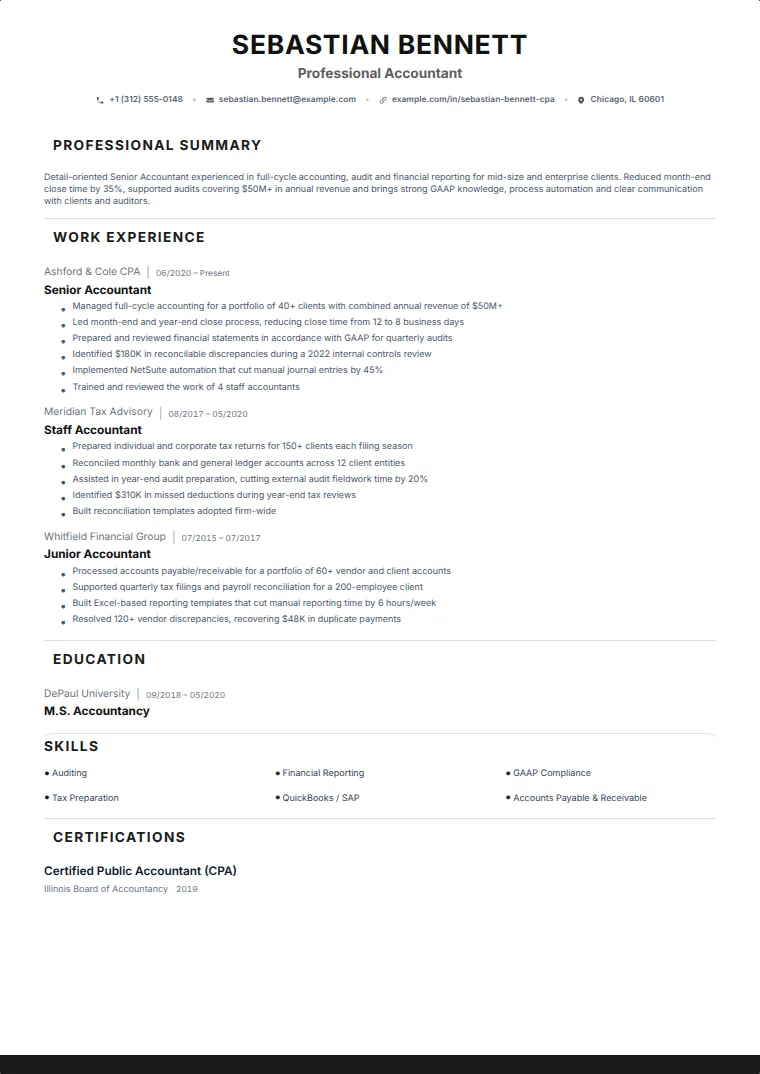 Baseline CV template with a sample CV