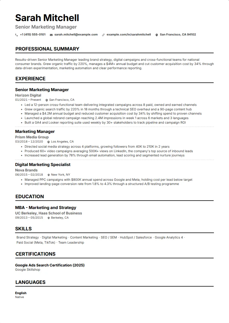 Clarity CV template with a sample CV