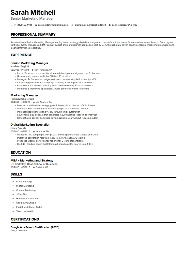 Clarity CV template with a sample CV