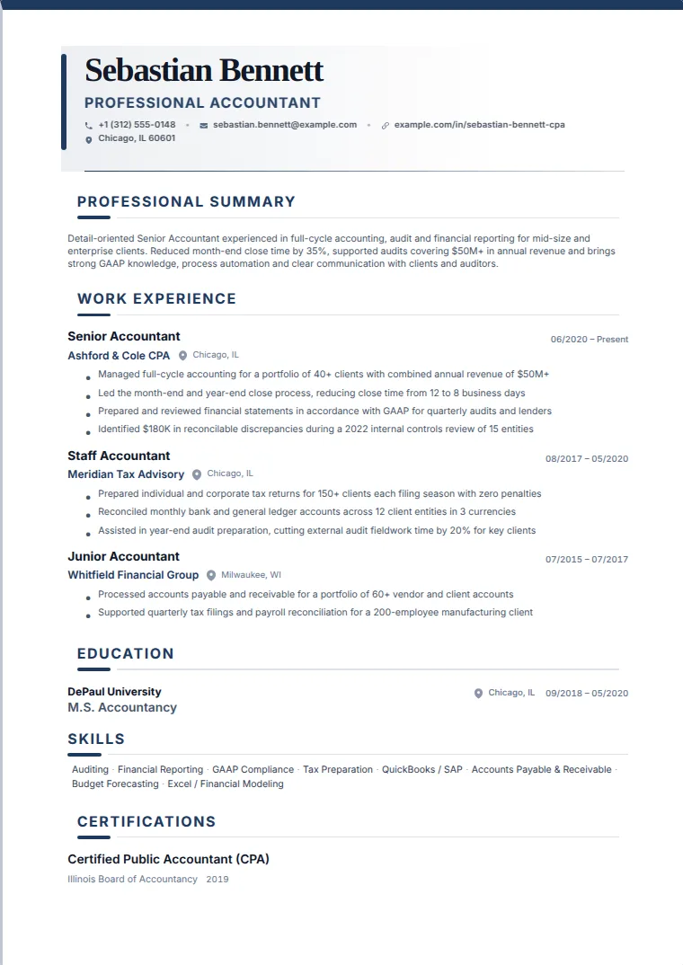 Classic Pro CV template with a sample CV