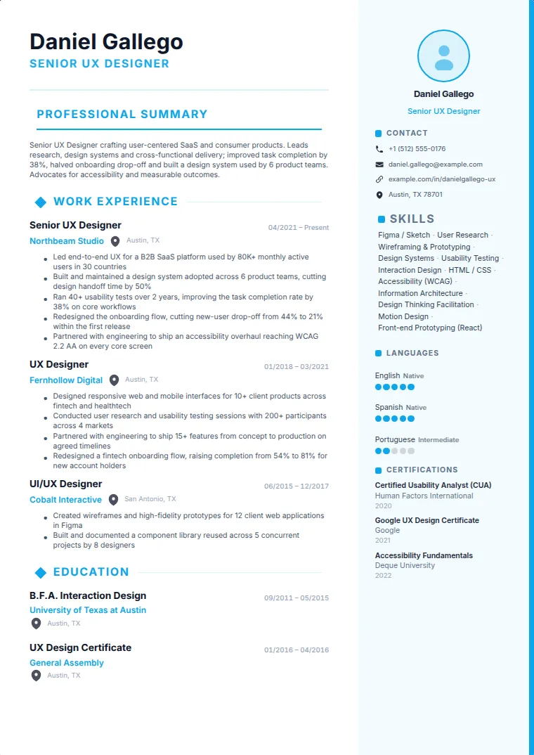 Creative Border Right CV template with a sample CV