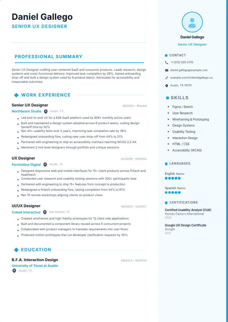 Creative Border Right CV template with a sample CV