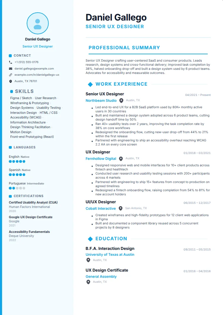 Creative Border CV template with a sample CV