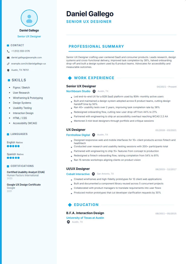 Creative Border CV template with a sample CV