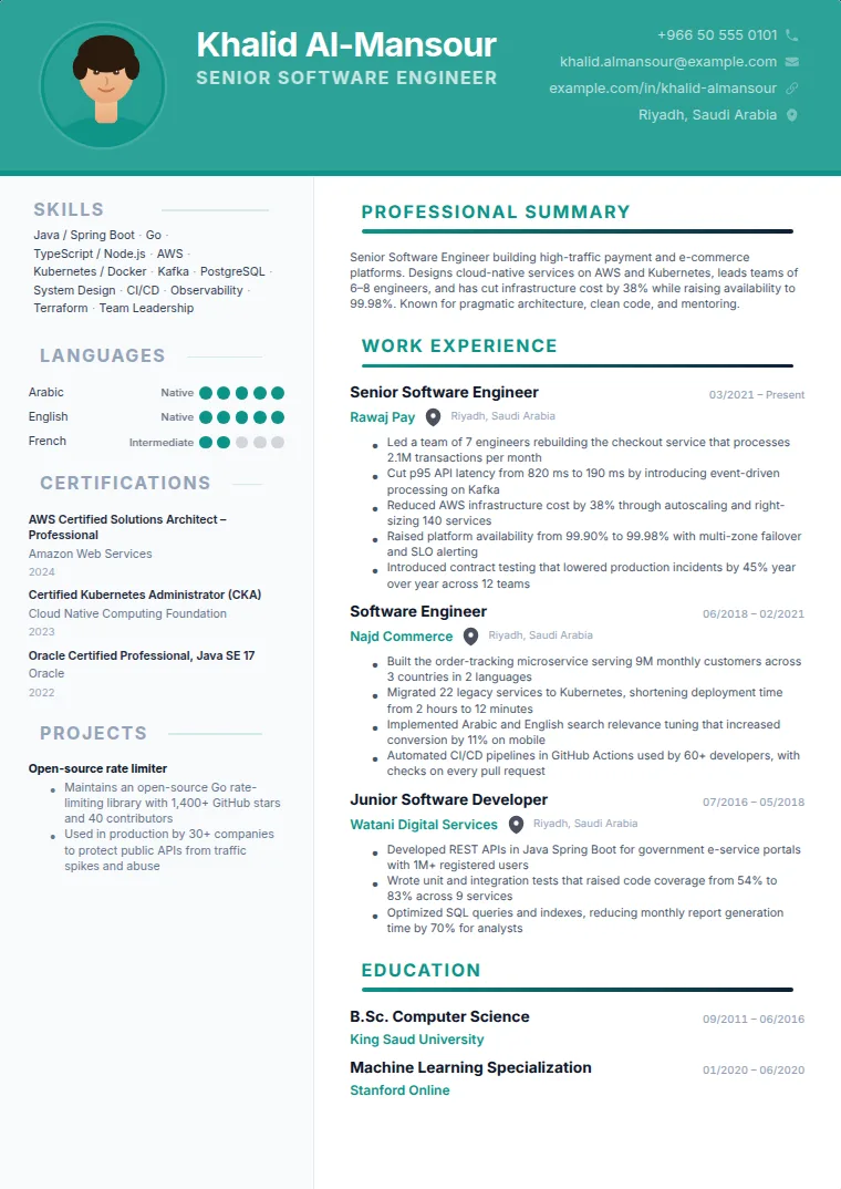 Dark Pro Teal CV template with a sample CV