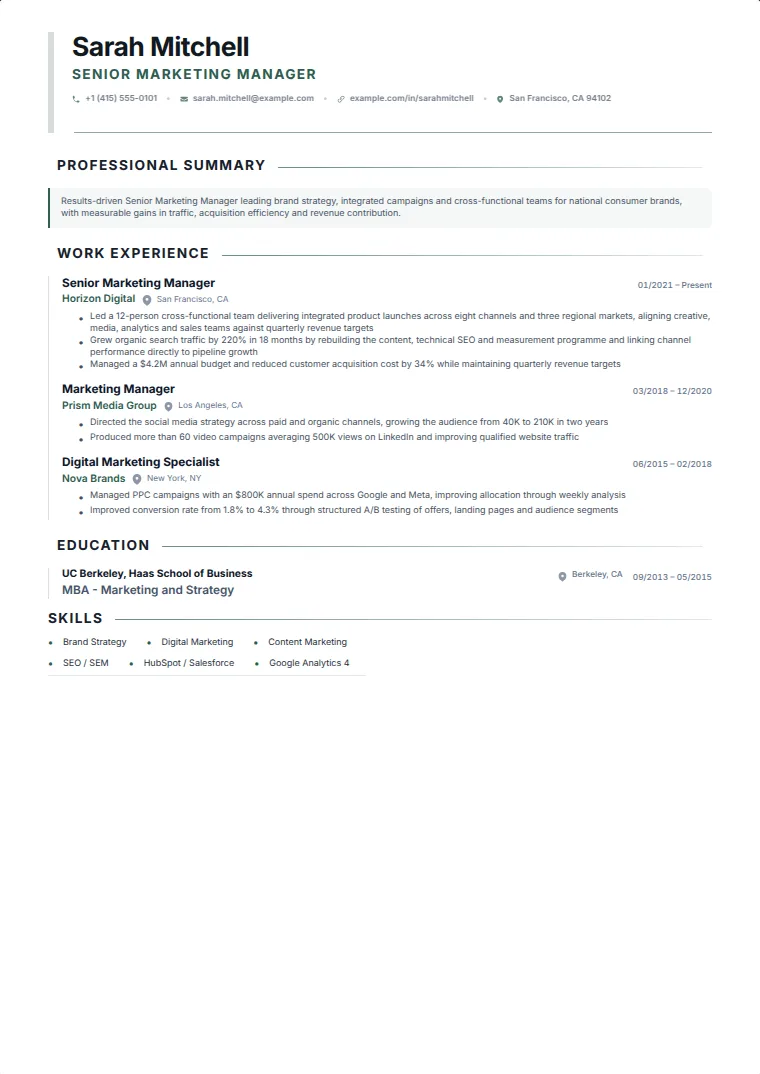 Executive Line CV template with a sample CV