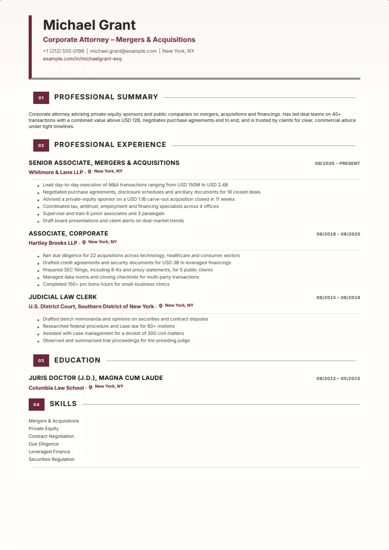 Counsel CV template with a sample CV