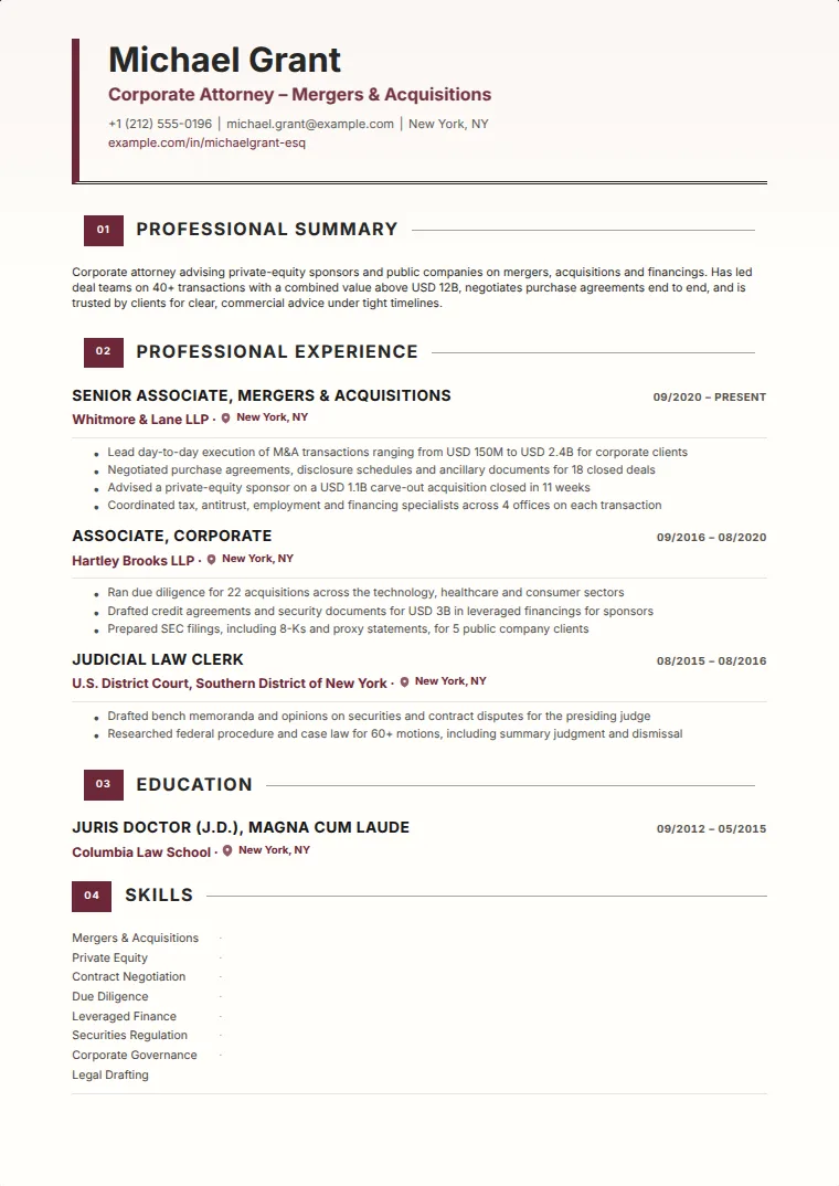 Counsel CV template with a sample CV
