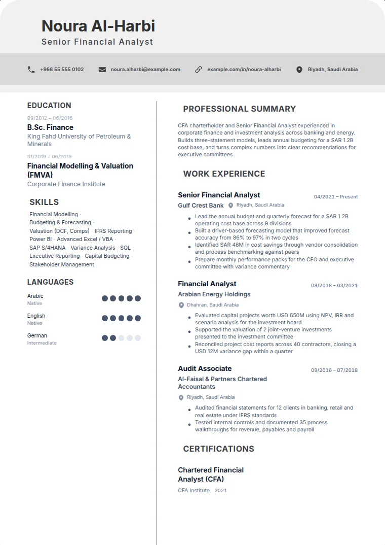 Meridian CV template with a sample CV