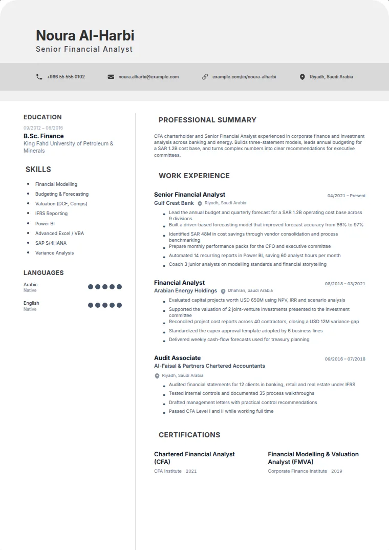 Meridian CV template with a sample CV