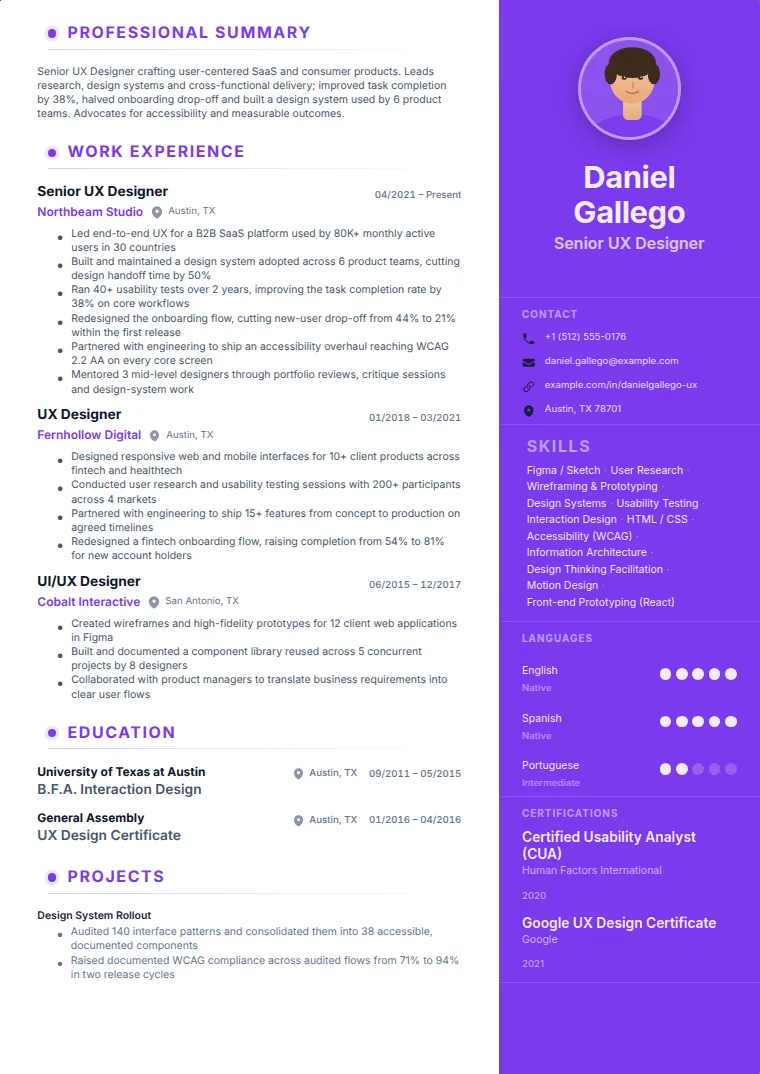 Photo Sidebar Violet CV template with a sample CV