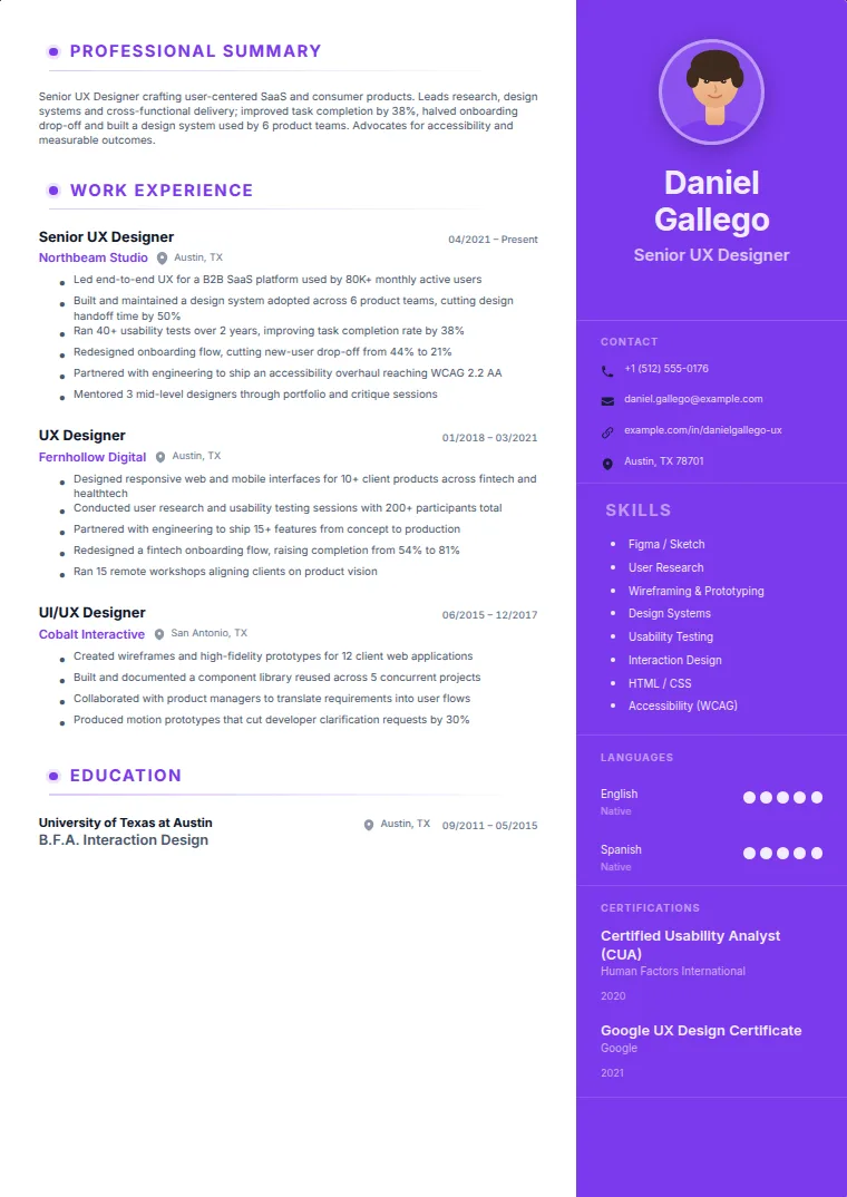 Photo Sidebar Violet CV template with a sample CV