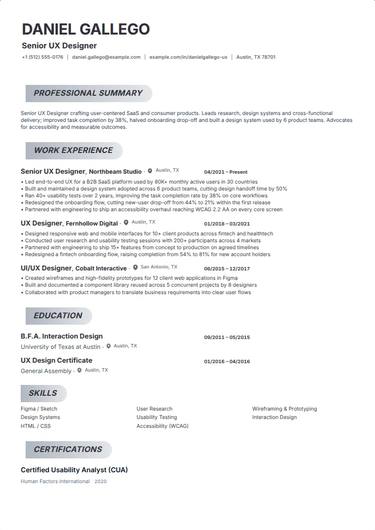 Placard CV template with a sample CV