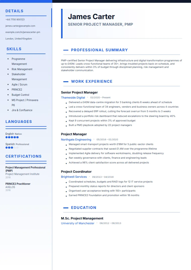 Sidebar Blue CV template with a sample CV