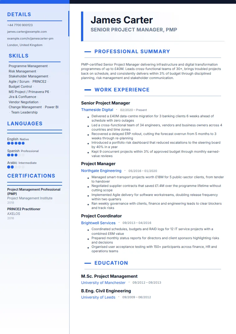 Sidebar Blue CV template with a sample CV