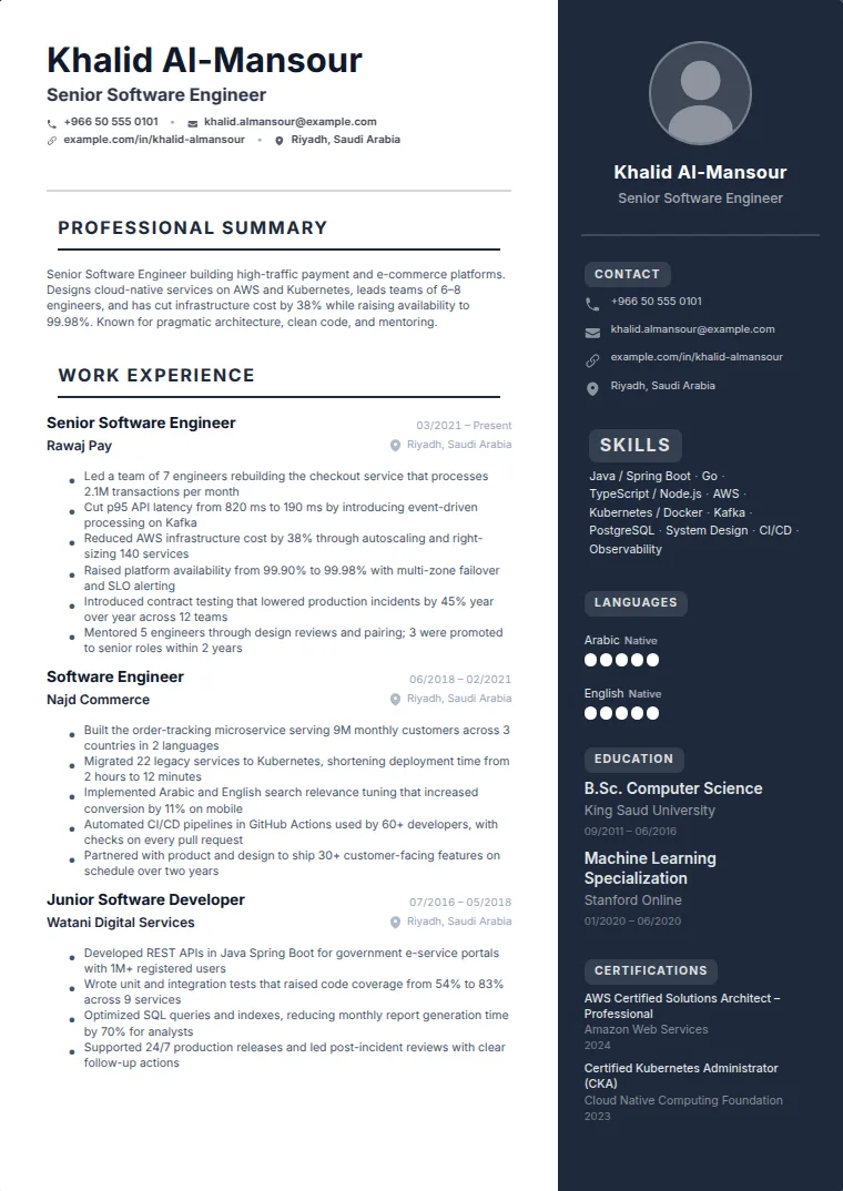 Corporate Dark CV template with a sample CV