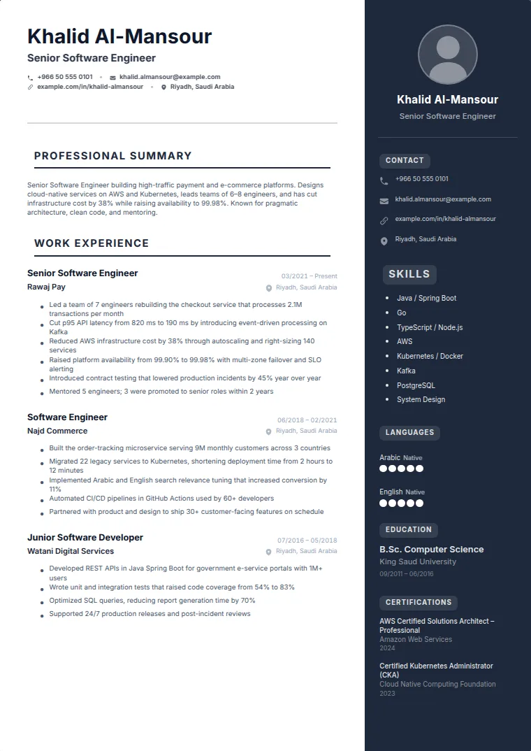 Corporate Dark CV template with a sample CV